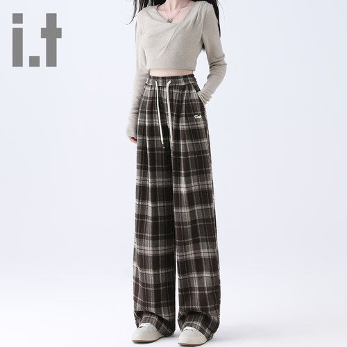 it ccaabb新款洋气格子休闲裤撞色抽绳绑休闲裤韩版女装运动裤K - 图0