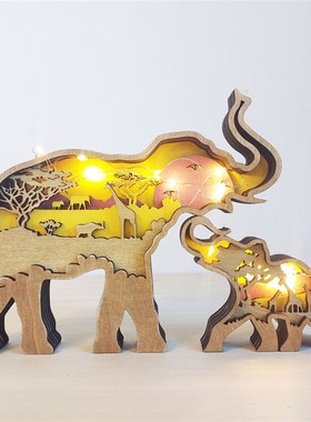 北美森林动物家居装饰木质工艺品创意狼图腾木制雕刻大象亲子