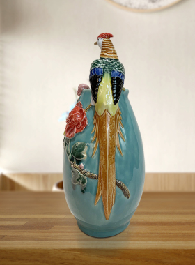 中秋新品前程似锦全手工家居石湾公仔电视柜玄关位陶瓷瓶鸟