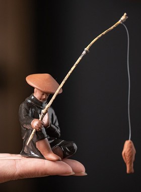 禅意陶瓷江湖故人侠客钓鱼人物线香香道小摆件鱼缸U微景观造景装