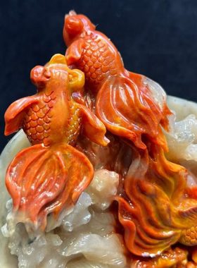 福建寿山石年年有余摆件满结晶体浮雕俏色家居客厅装饰摆设原石