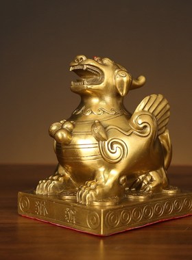 铜貔貅一对纯黄铜单角方底皮丘客厅店铺业饰店铺聚财