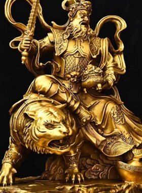 纯铜大号骑虎赵公明武财神铜像黄铜五路财神赵元帅神像摆件高45cm