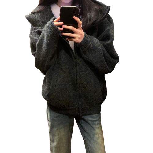 灰色连帽超好看厚毛衣女款2024新款冬季穿搭慵懒高级感针织衫外 - 图3