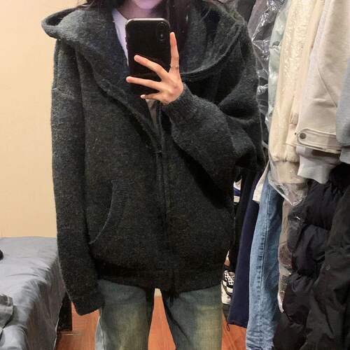 灰色连帽超好看厚毛衣女款2024新款冬季穿搭慵懒高级感针织衫外 - 图0