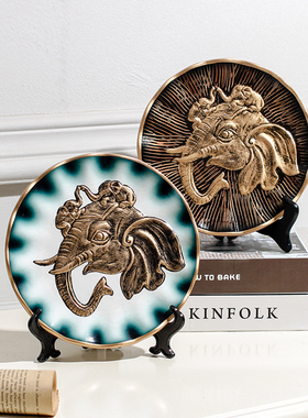 酒柜装饰品客厅博古架创意家居欧式复古玄关桌面大象陶瓷圆盘