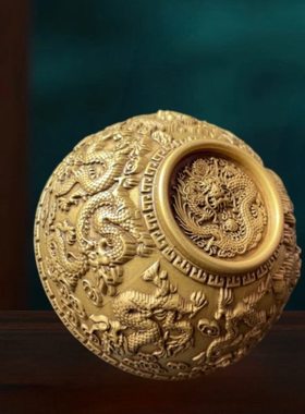 黄铜浮雕九龙供水碗圣水杯净水杯家用摆件开业乔迁佛前供碗龙碗