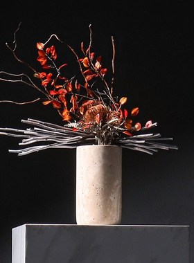 侘寂风黄洞石花瓶高级感复古软装样板房玄关桌面装饰家居饰品