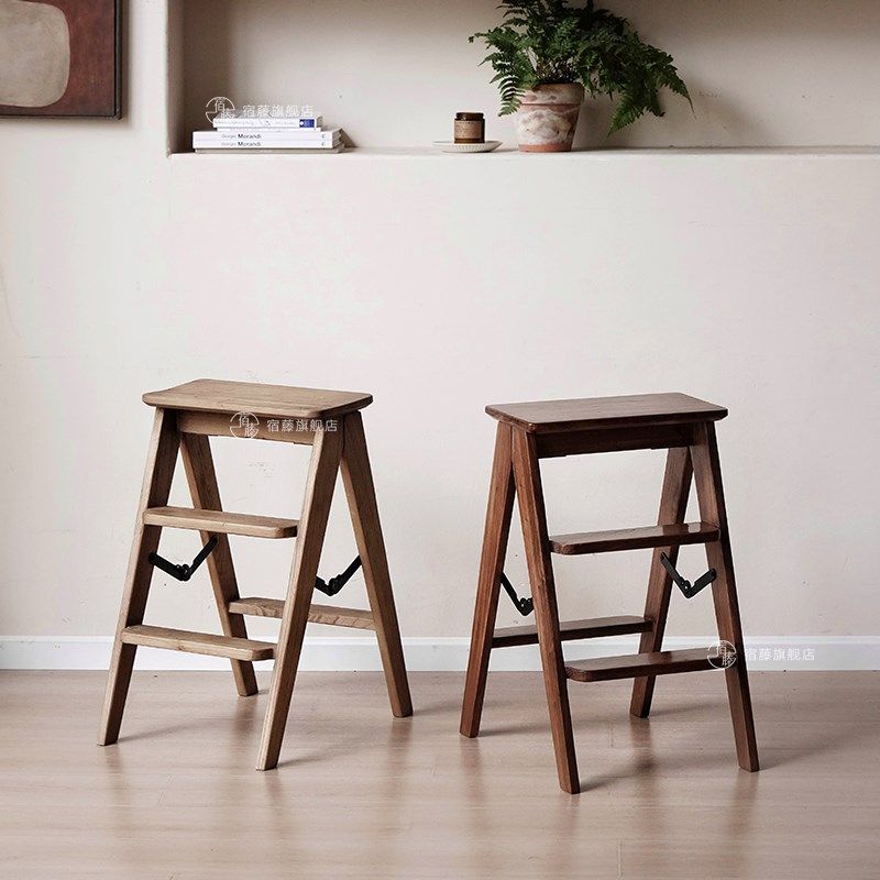 宿藤全实木榆木梯凳家用台阶脚踏梯子两用架边几三步梯,淘宝优惠券,粉丝福利购,淘宝优惠卷