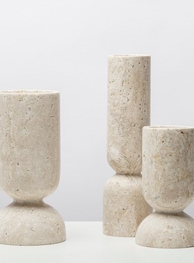 极简侘寂风黄洞石餐桌烛台装饰品天然大理石瓶器盘饰品