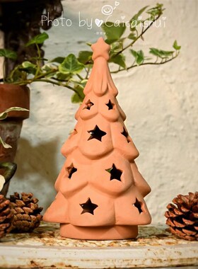 红陶圣诞树摆件生日礼q物可爱卧室星星陶瓷小夜灯透光氛围灯