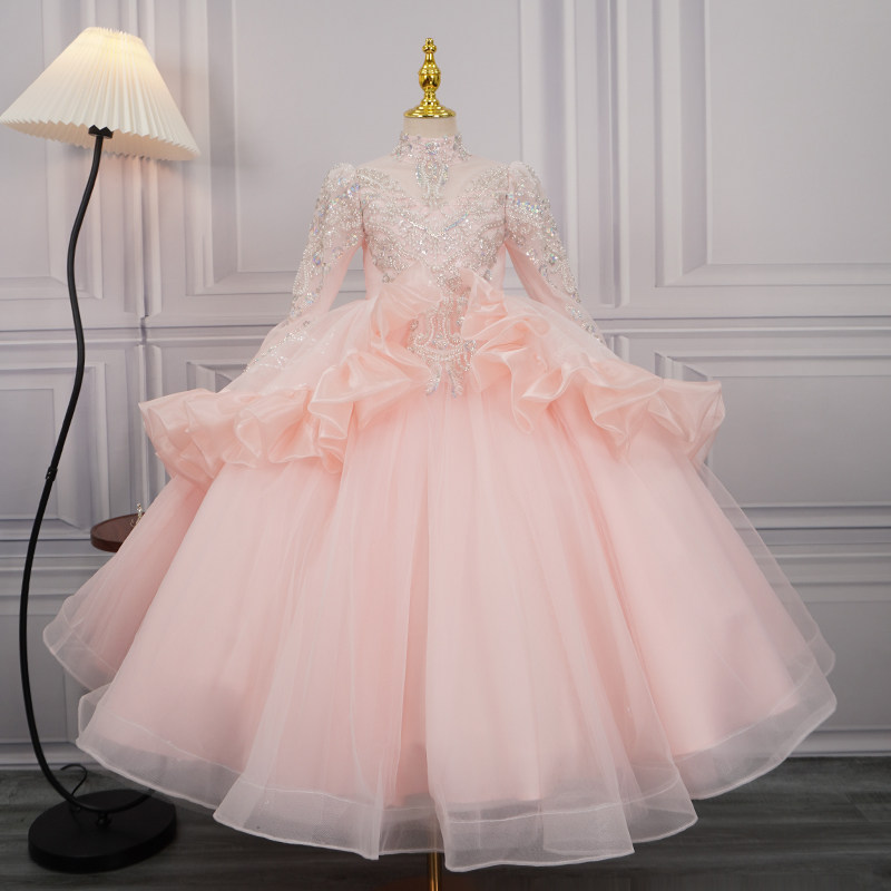 主持人礼服女童秋冬长袖粉色儿童钢琴演奏服花童婚礼小女孩演出服,淘宝优惠券,粉丝福利购,淘宝优惠卷