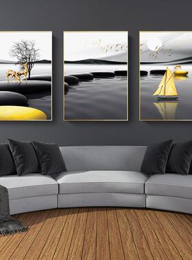 Modern Landscape Poster Black Yellow Stone Boat Deer Wall Ar