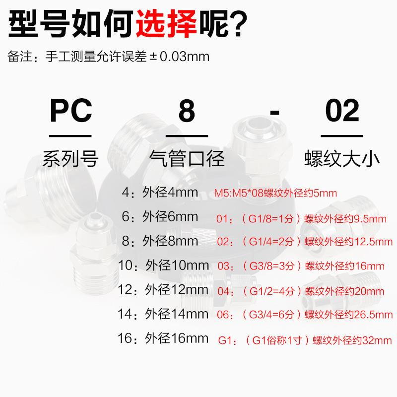 气动快拧接头铜镀镍气管快速接头PC8-02螺纹直通锁母6 10 12 16mm - 图2