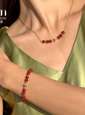 KISSMORE/琛墨金霞鎏光原创天然红玛瑙项链手链耳环戒指女款套装