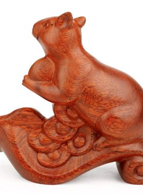 12十二生肖鼠如意摆件 红木雕刻工艺品 实木质元宝老鼠客厅装饰品