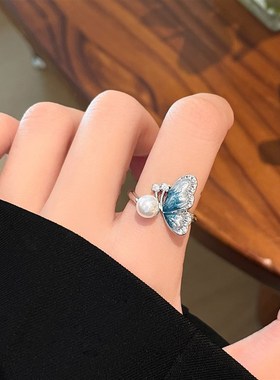 珍珠蝴蝶戒指女2025新款爆款轻奢高级感指环食指戒小众设计开口戒