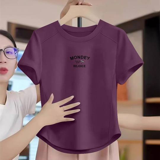 夏季纯棉鱼骨弧形短袖T恤女韩版洋气减龄百搭宽松遮肉显瘦上衣服