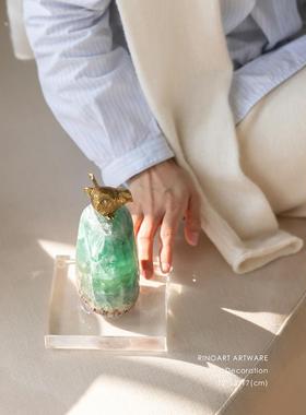 若奈 重磅绿萤石“金鹊栖瑞”真黄铜鎏金感好寓意摆件镇纸书立