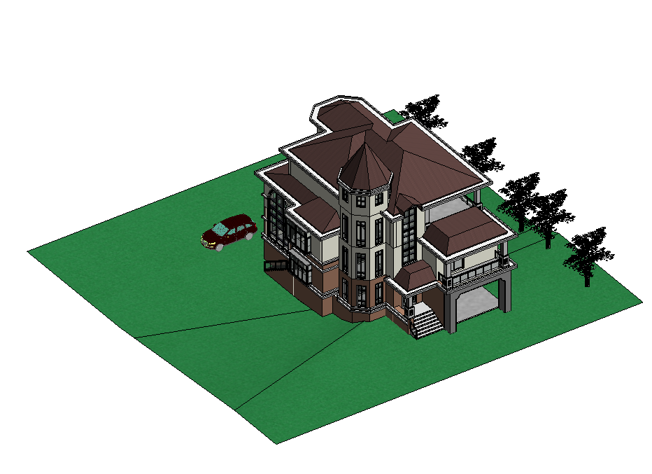 A型别墅模型BIM三层小别墅尖屋顶房子revit成品模型带图纸渲染图-图0