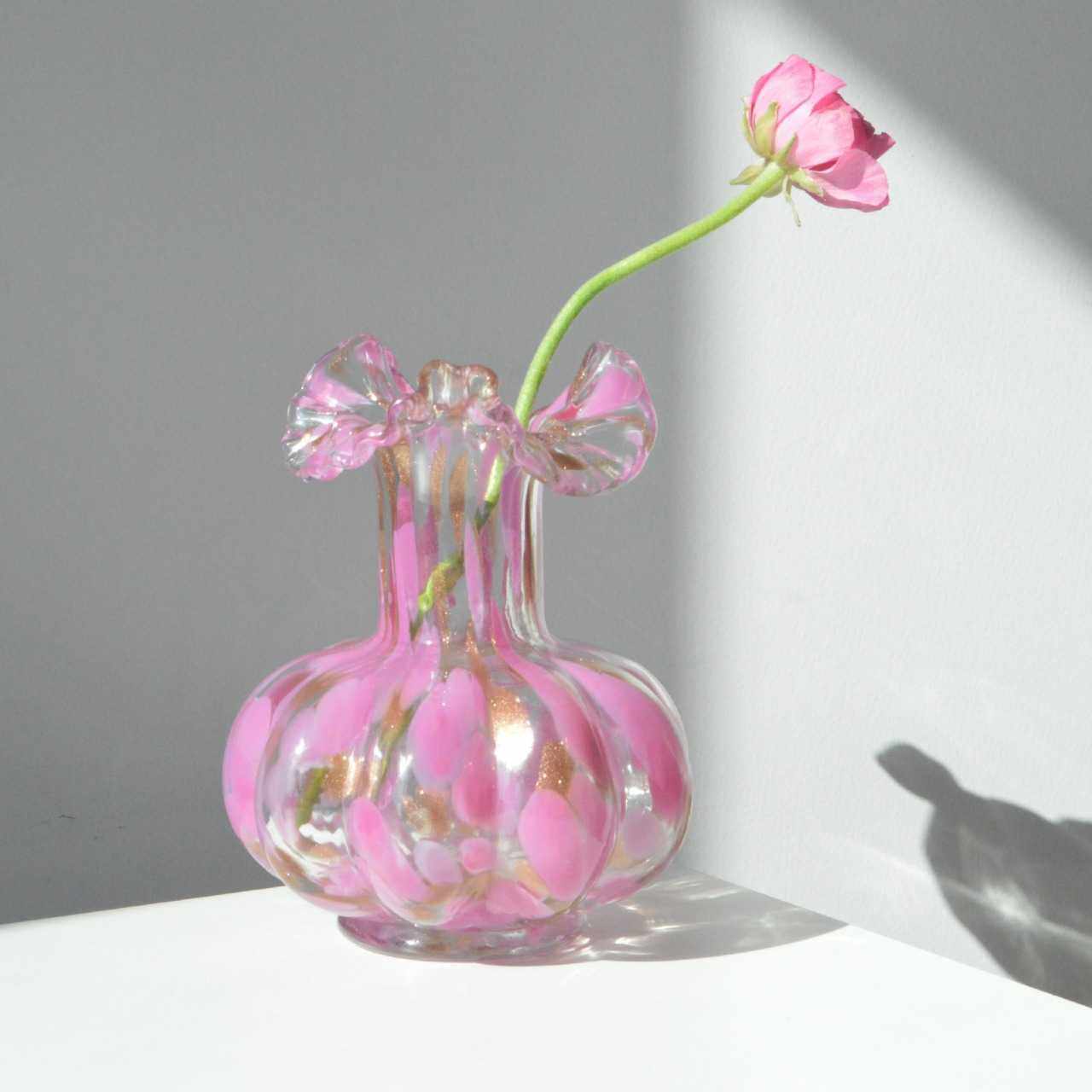 中古风芬顿褶皱花边口粉点洒金纯手工大肚玻璃花瓶水养插花器摆件,淘宝优惠券,粉丝福利购,淘宝优惠卷