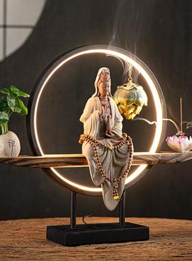 新中式禅意灯圈观世音菩萨佛像摆件创意倒流香炉家居客厅玄关装饰