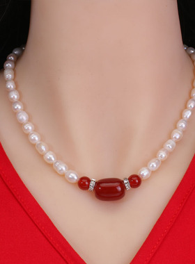 天然淡水珍珠项链玛瑙吊坠时尚锁骨链送妈妈婆婆母亲节生日礼物女