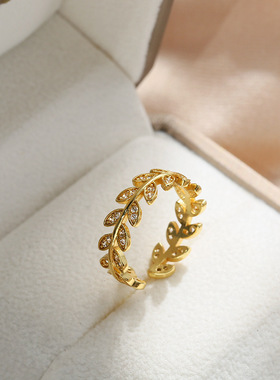 金色麦穗戒指女真金电镀锆石满钻