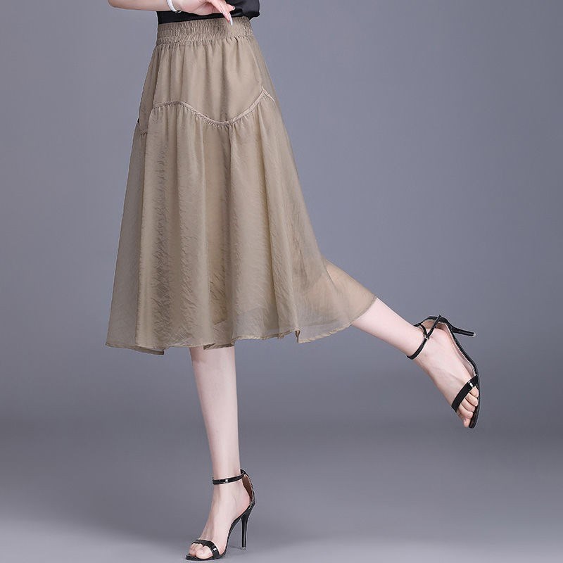 夏季网纱裙半身裙高腰显瘦s2024新款中长款薄款a字裙大摆裙口袋巾 - 图1