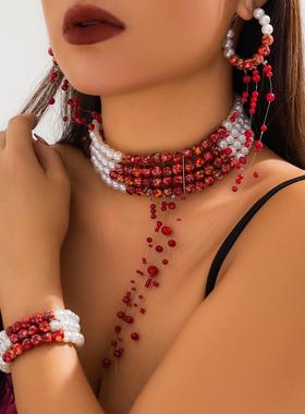 万圣节项链哥特风流血滴吸血鬼项链chocker多层cosplay鬼新娘珍珠