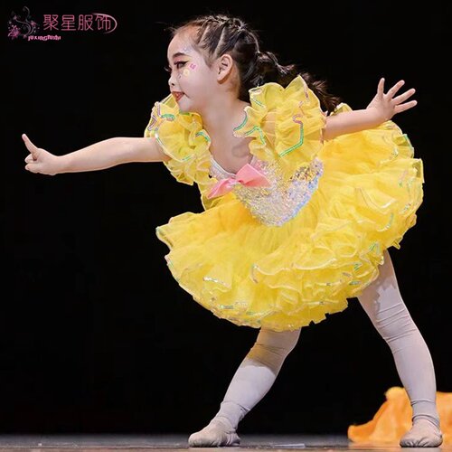 六一幼儿舞蹈可爱亮片公主裙快乐的小星星黄色蓬蓬蛋糕纱裙演出服 - 图0