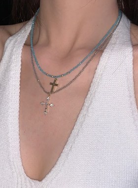 高级十字架项链女2024新款细款串珠锁骨链法式小众设计感甜酷颈链