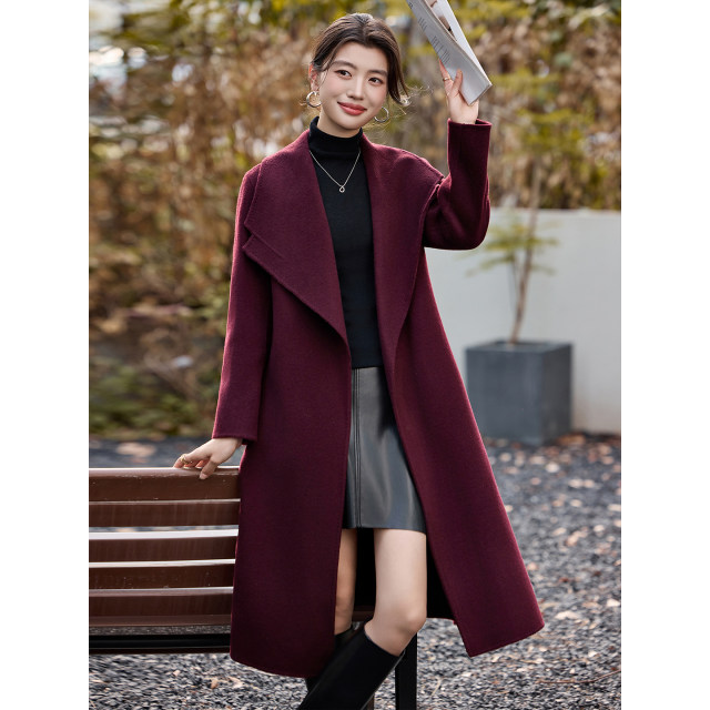 水沐飞高级感酒红色双面羊绒大翻领毛呢大衣女秋冬中长款羊毛外套