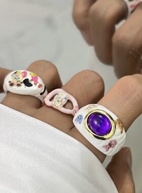 童趣戒指高级感小众设计滴油开口叠带个性拼色镶嵌情侣指环戒指