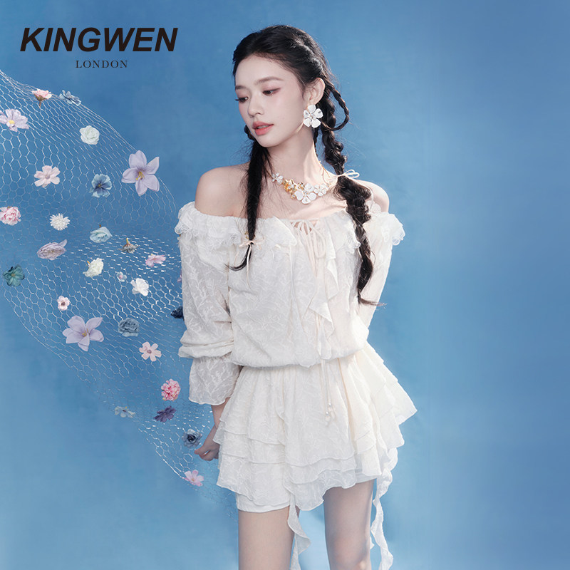 【林允同款】KINGWEN25秋季连衣裙女一字肩不规则丝带连身中短裙,淘宝优惠券,粉丝福利购,淘宝优惠卷