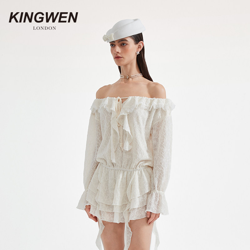 【林允同款】KINGWEN25秋季连衣裙女一字肩不规则丝带连身中短裙,淘宝优惠券,粉丝福利购,淘宝优惠卷