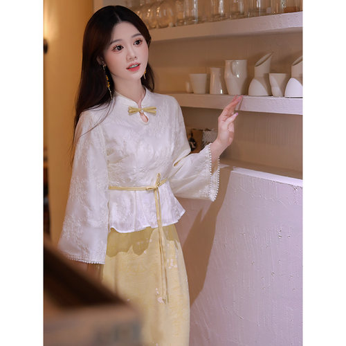 瑶西【听月】金色半裙刺绣立领上衣秋天汉服新中式收腰裙子两件套 - 图1