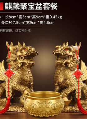铜麒麟摆件一对公母纯p黄铜全铜家用卧室客厅入户门口护宅送聚宝
