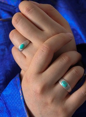 镀S925银手工制作情侣对戒光面镶D嵌绿松石戒指复古民族风活口指