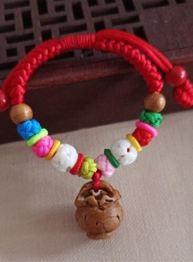 宝宝婴儿童桃核手串女款葫芦桃子核桃篮牛骨小花玛瑙五彩红绳手链