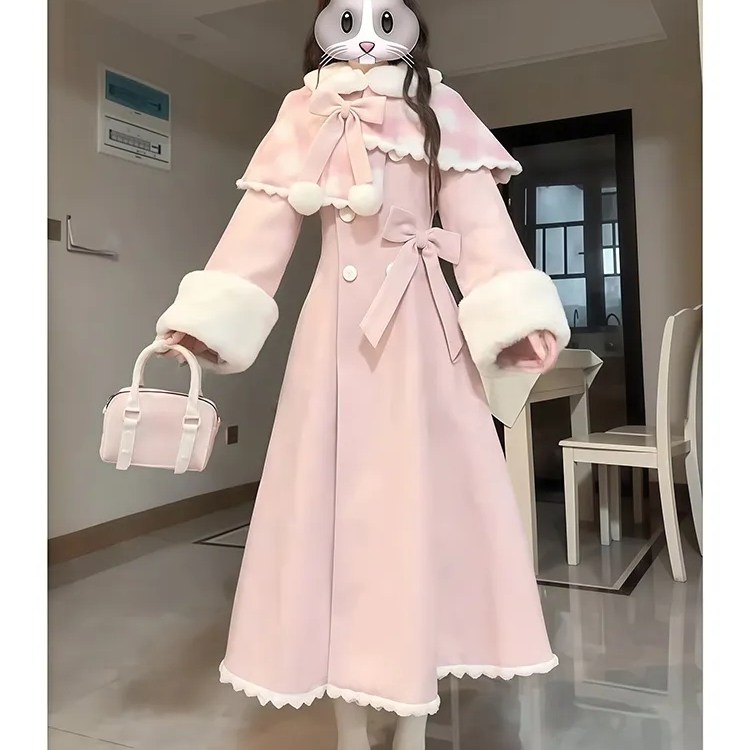 冬日氛围感小个子甜美可爱粉色斗篷毛呢外套女收腰中长款呢子大衣,淘宝优惠券,粉丝福利购,淘宝优惠卷