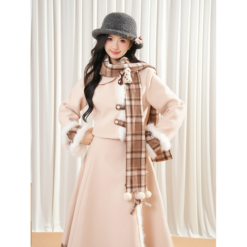 【焦糖小熊】秋冬氛围感甜美格子拼接毛呢围巾外套长裙三件套装女,淘宝优惠券,粉丝福利购,淘宝优惠卷