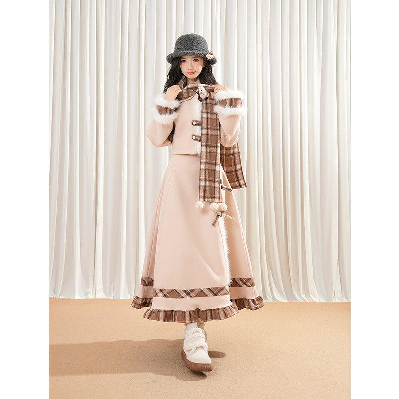 【焦糖小熊】秋冬氛围感甜美格子拼接毛呢围巾外套长裙三件套装女,淘宝优惠券,粉丝福利购,淘宝优惠卷
