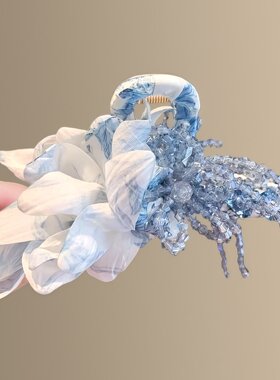 水墨晕染蓝色水晶花朵抓夹女2025新款高端鲨鱼夹发量多后脑勺发夹