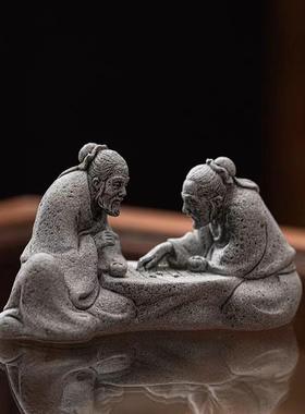 老者对弈老人下棋鱼缸造景园艺花卉假山盆景摆件复古桌面创意装饰