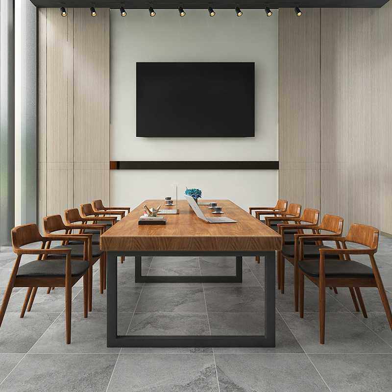 北欧铁艺实木洽谈桌长条桌子公司培训职员电脑桌简约现代会议桌椅 - 图1