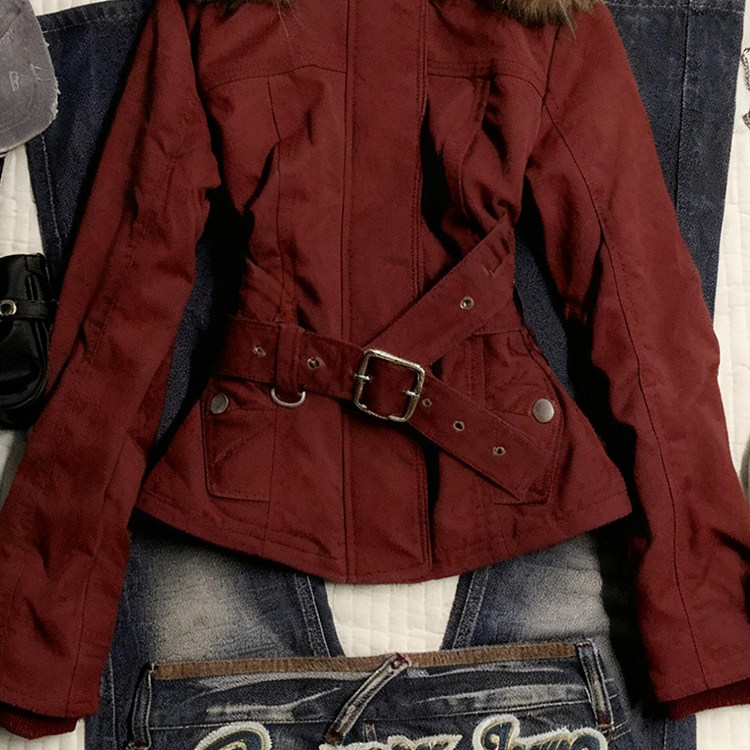 复古红色vintage毛领连帽外套女秋冬季新款设计感小众派克服上衣,淘宝优惠券,粉丝福利购,淘宝优惠卷