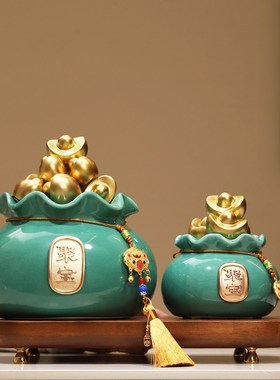 新中式福财钱袋聚宝盆摆件店u铺收银前台办公桌招财装饰品开