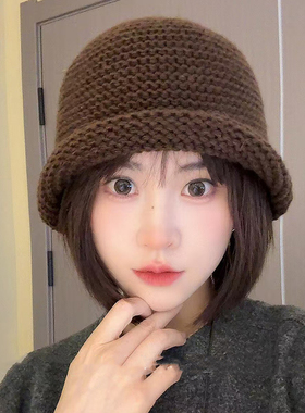 韩系羊毛针织卷边水桶帽子女秋冬复古咖色渔夫帽大头围盆帽潮