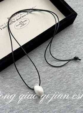 金属拉丝椭圆实心球皮绳长款项链